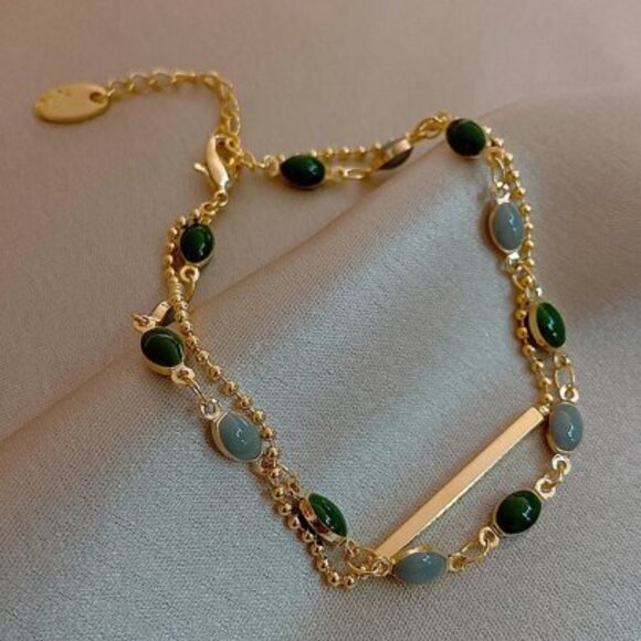 18k Gold Filled Multi-Stone Bracelet: Green and Blue Oval Stones - Picture 3 of 4
